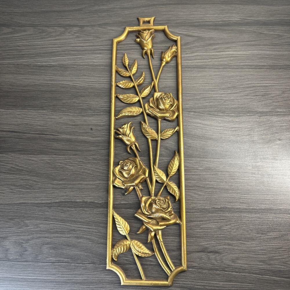 Sexton Roses Gold Metal Wall Plaque Floral Decor 19” MCM Hollywood Regency VTG